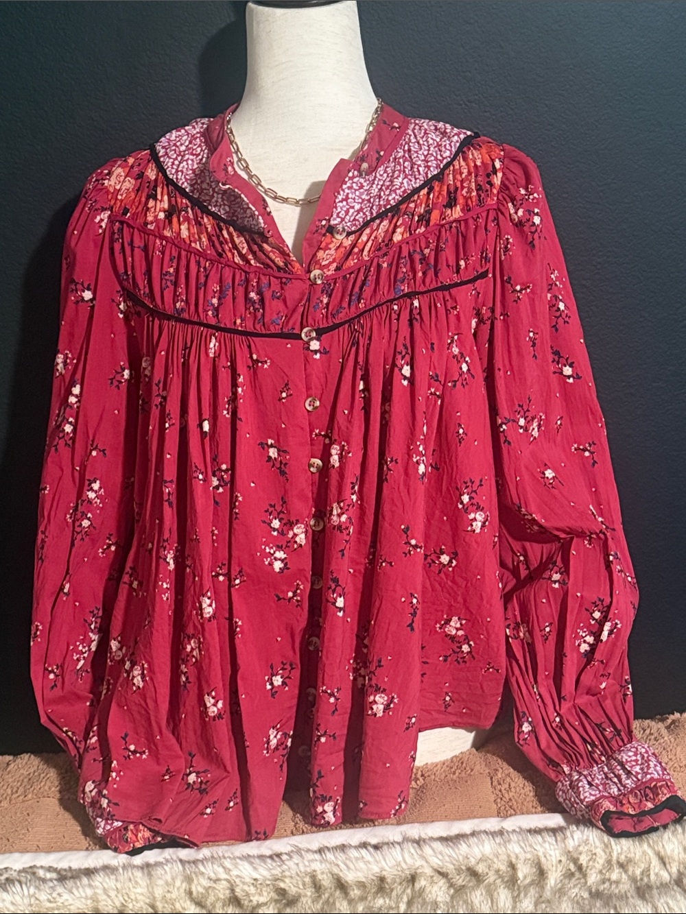 Free People Dark RedPeasant Blouse size small long sleeve